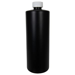 32 oz. Black HDPE Cylindrical Sample Bottle with 28/400 White Ribbed CRC Cap with F217 Liner