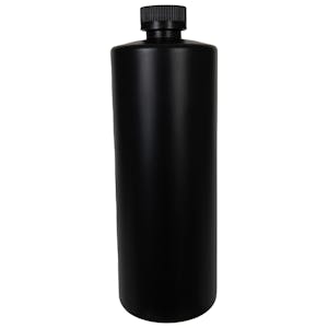32 oz. Black HDPE Cylindrical Sample Bottle with 28/400 Black Ribbed CRC Cap with F217 Liner
