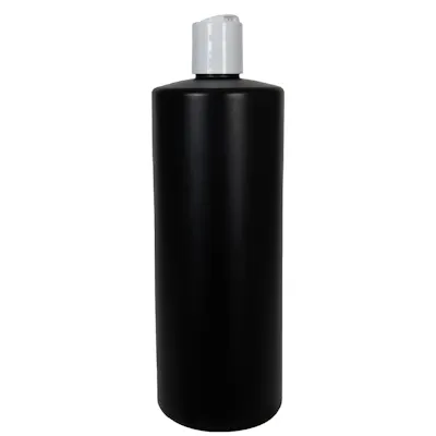 32 oz. Black HDPE Cylindrical Sample Bottle with 28/410 White Disc-Top Dispensing Cap