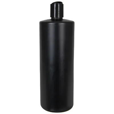 32 oz. Black HDPE Cylindrical Sample Bottle with 28/410 Black Disc-Top Dispensing Cap