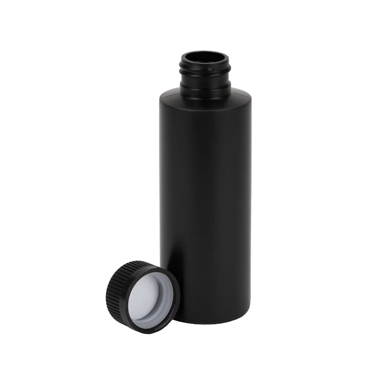 4 oz. Black HDPE Cylindrical Sample Bottle with 24/400 Black Ribbed Child-Resistant Cap (CRC) with F217 Liner