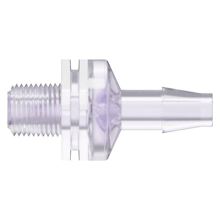 1/8"-27 MNPT x 1/4" Hose Barb Gamma Stable Natural Polycarbonate Threaded Check Valve with Silicone Diaphragm