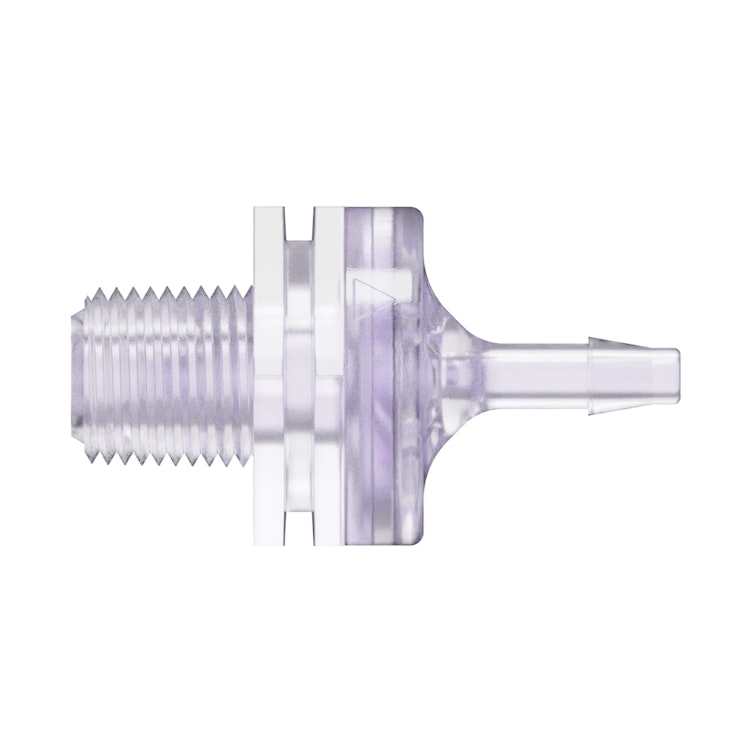 1/8"-27 MNPT x 1/8" Hose Barb Gamma Stable Natural Polycarbonate Threaded Check Valve with Silicone Diaphragm