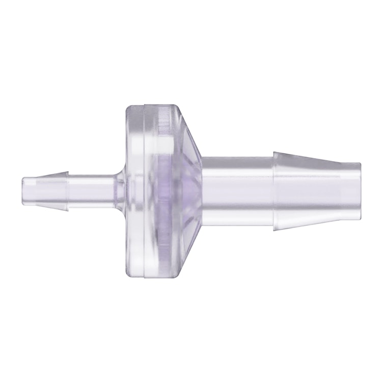 1/8" Hose Barb x 1/4" Hose Barb Gamma Stable Natural Polycarbonate Enlarging Check Valve with Silicone Diaphragm