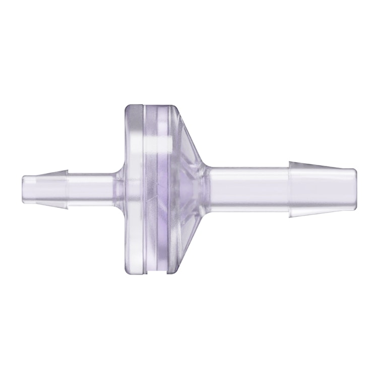 1/8" Hose Barb x 3/16" Hose Barb Gamma Stable Natural Polycarbonate Enlarging Check Valve with Silicone Diaphragm