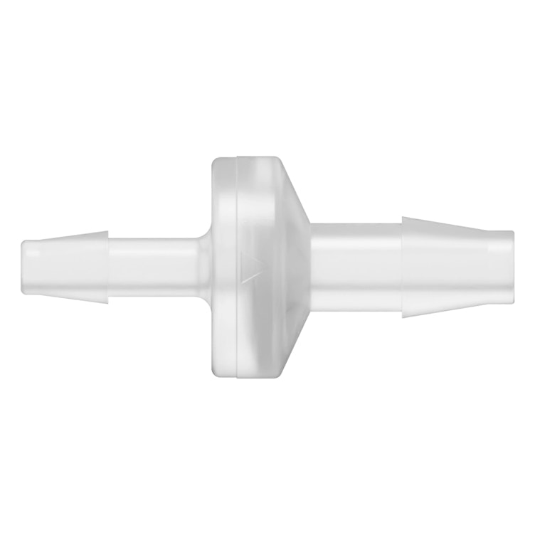 3/16" Hose Barb x 1/4" Hose Barb Natural Polypropylene Enlarging Check Valve with Viton™ Diaphragm