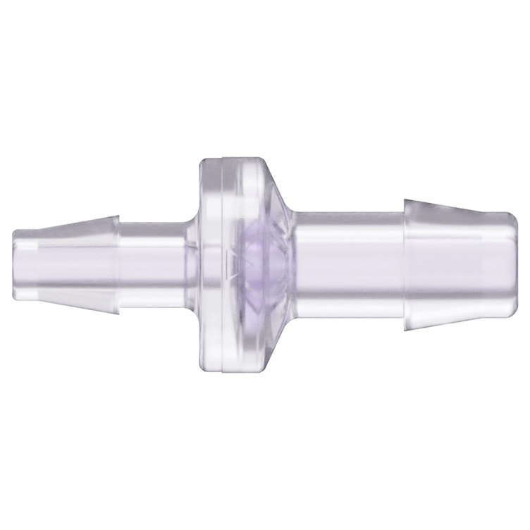1/4" Hose Barb x 3/8" Hose Barb Gamma Stable Natural Polycarbonate Enlarging Check Valve with Silicone Diaphragm