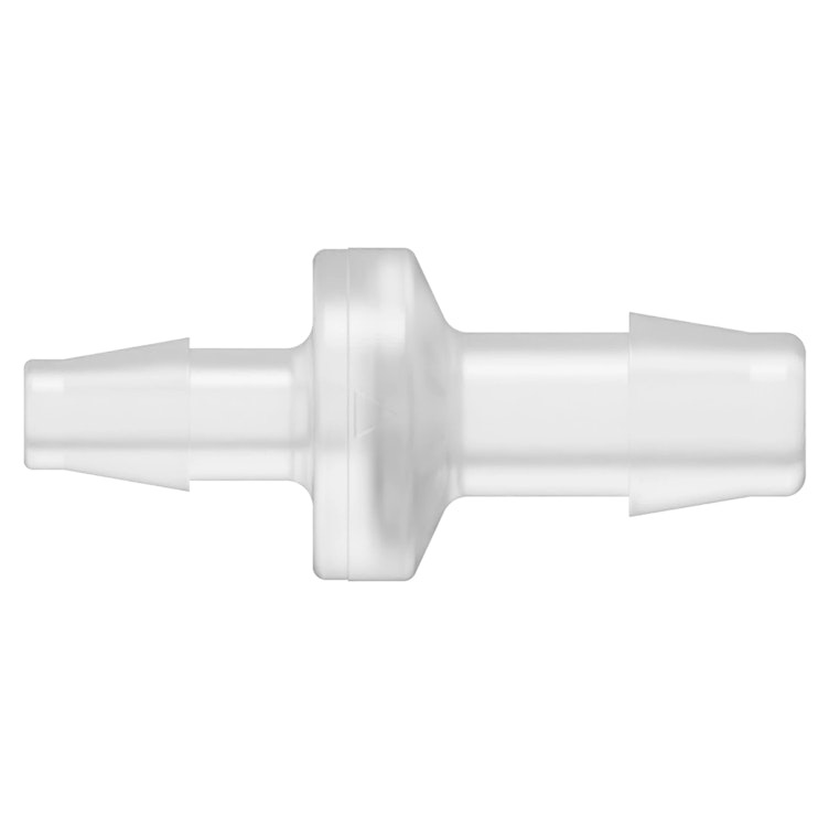 1/4" Hose Barb x 3/8" Hose Barb Natural Polypropylene Enlarging Check Valve with Silicone Diaphragm