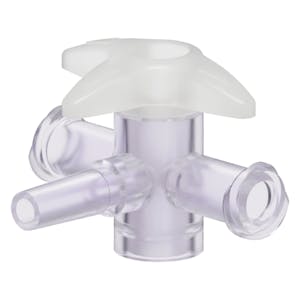 Female Luer x Slip Male Luer x Female Luer Gamma Stable Natural Polycarbonate Four-Way Luer Stopcock