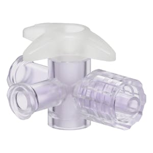 Locking Male Luer x Female Luer x Female Luer Gamma Stable Natural Polycarbonate Four-Way Luer Stopcock