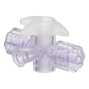 Locking Male Luer x Female Luer x Locking Male Luer Gamma Stable Natural Polycarbonate Four-Way Luer Stopcock