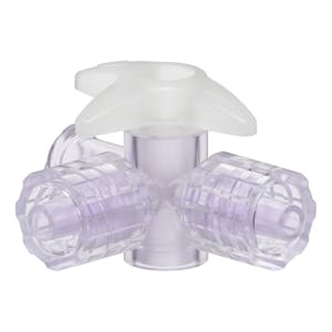 Locking Male Luer x Locking Male Luer x Female Luer Gamma Stable Natural Polycarbonate Four-Way Luer Stopcock