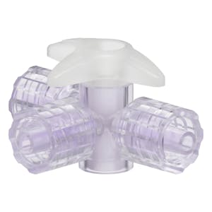 Locking Male Luer x Locking Male Luer x Locking Male Luer Gamma Stable Natural Polycarbonate Four-Way Luer Stopcock