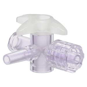 Locking Male Luer x Slip Male Luer x Female Luer Gamma Stable Natural Polycarbonate Four-Way Luer Stopcock