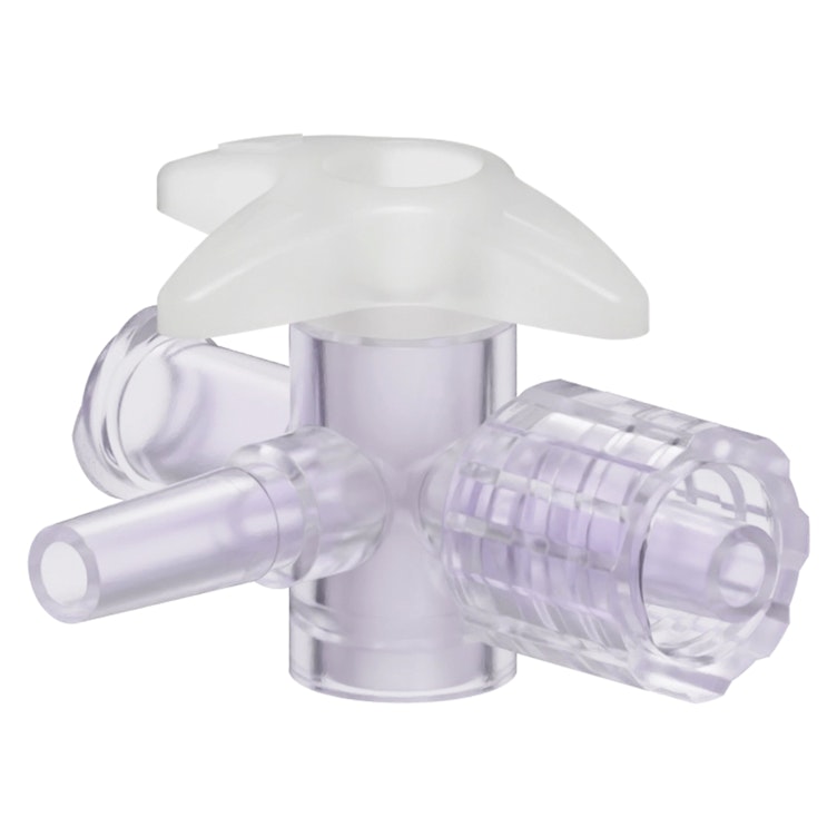 Locking Male Luer x Slip Male Luer x Female Luer Gamma Stable Natural Polycarbonate Four-Way Luer Stopcock