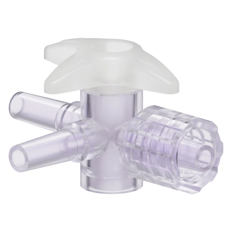 Locking Male Luer x Slip Male Luer x Slip Male Luer Gamma Stable Natural Polycarbonate Four-Way Luer Stopcock