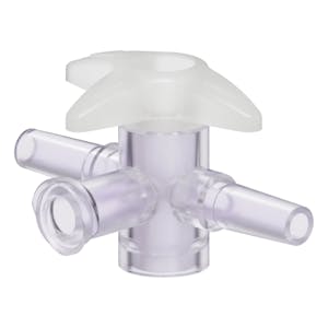 Slip Male Luer x Female Luer x Slip Male Luer Gamma Stable Natural Polycarbonate Four-Way Luer Stopcock