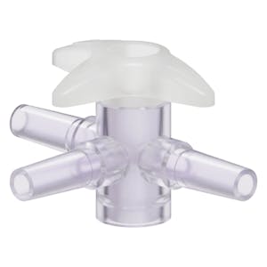 Slip Male Luer x Slip Male Luer x Slip Male Luer Gamma Stable Natural Polycarbonate Four-Way Luer Stopcock