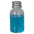 1 oz. Clear PET Squat Boston Round Bottle with 20/410 Brushed Silver Aluminum Cap with Foam Liner