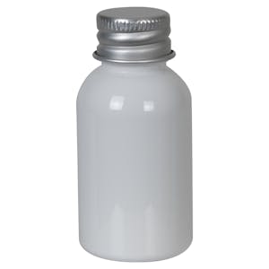 1 oz. White PET Squat Boston Round Bottle with 20/410 Brushed Silver Aluminum Cap with Foam Liner