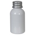 1 oz. White PET Squat Boston Round Bottle with 20/410 Brushed Silver Aluminum Cap with Foam Liner