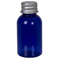 1 oz. Cobalt Blue PET Squat Boston Round Bottle with 20/410 Brushed Silver Aluminum Cap with Foam Liner