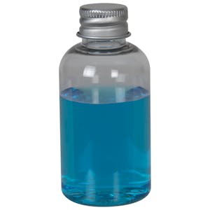 2 oz. Clear PET Squat Boston Round Bottle with 20/410 Brushed Silver Aluminum Cap with Foam Liner
