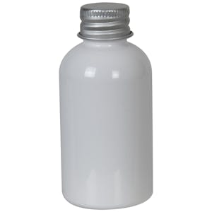 2 oz. White PET Squat Boston Round Bottle with 20/410 Brushed Silver Aluminum Cap with Foam Liner