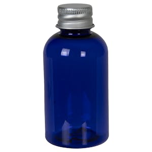2 oz. Cobalt Blue PET Squat Boston Round Bottle with 20/410 Brushed Silver Aluminum Cap with Foam Liner