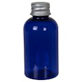 2 oz. Cobalt Blue PET Squat Boston Round Bottle with 20/410 Brushed Silver Aluminum Cap with Foam Liner