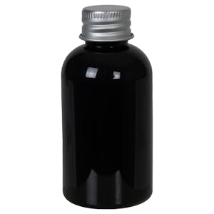 2 oz. Black PET Squat Boston Round Bottle with 20/410 Brushed Silver Aluminum Cap with Foam Liner