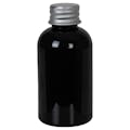 2 oz. Black PET Squat Boston Round Bottle with 20/410 Brushed Silver Aluminum Cap with Foam Liner