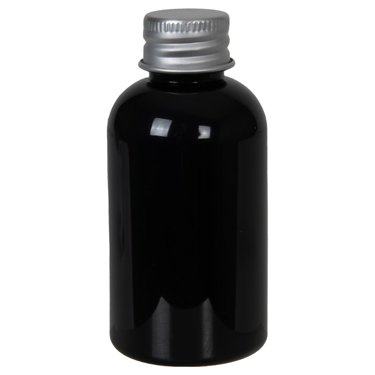 2 oz. Black PET Squat Boston Round Bottle with 20/410 Brushed Silver Aluminum Cap with Foam Liner