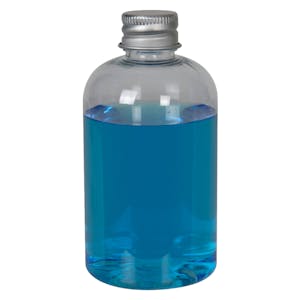 4 oz. Clear PET Squat Boston Round Bottle with 20/410 Brushed Silver Aluminum Cap with Foam Liner
