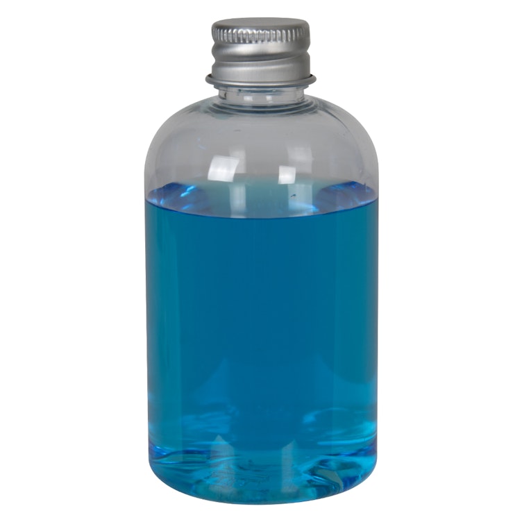 4 oz. Clear PET Squat Boston Round Bottle with 20/410 Brushed Silver Aluminum Cap with Foam Liner