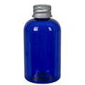 4 oz. Cobalt Blue PET Squat Boston Round Bottle with 20/410 Brushed Silver Aluminum Cap with Foam Liner