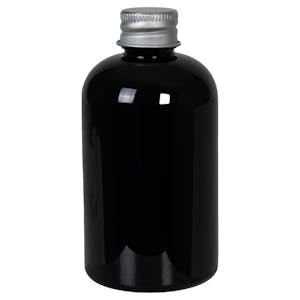 4 oz. Black PET Squat Boston Round Bottle with 20/410 Brushed Silver Aluminum Cap with Foam Liner