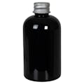 4 oz. Black PET Squat Boston Round Bottle with 20/410 Brushed Silver Aluminum Cap with Foam Liner