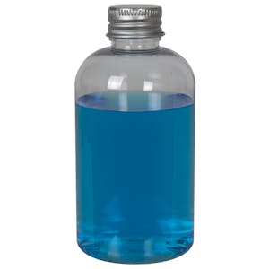 6 oz. Clear PET Squat Boston Round Bottle with 24/410 Brushed Silver Aluminum Cap with Foam Liner