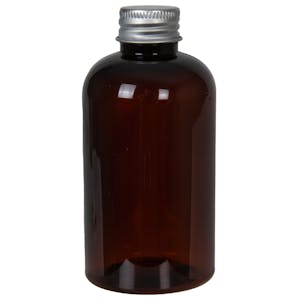 6 oz. Light Amber PET Squat Boston Round Bottle with 24/410 Brushed Silver Aluminum Cap with Foam Liner