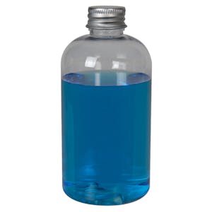 8 oz. Clear PET Squat Boston Round Bottle with 24/410 Brushed Silver Aluminum Cap with Foam Liner