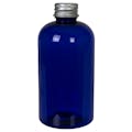8 oz. Cobalt Blue PET Squat Boston Round Bottle with 24/410 Brushed Silver Aluminum Cap with Foam Liner