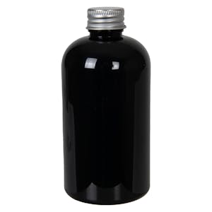 8 oz. Black PET Squat Boston Round Bottle with 24/410 Brushed Silver Aluminum Cap with Foam Liner