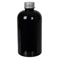 8 oz. Black PET Squat Boston Round Bottle with 24/410 Brushed Silver Aluminum Cap with Foam Liner