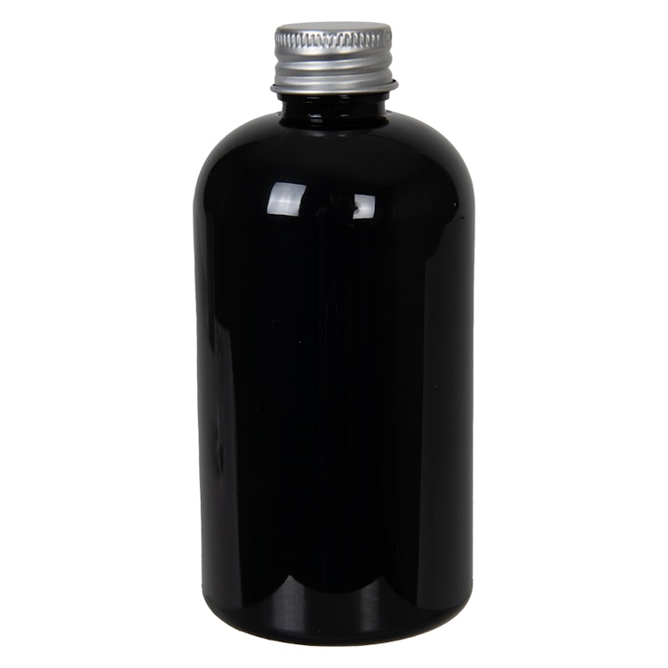 8 oz. Black PET Squat Boston Round Bottle with 24/410 Brushed Silver Aluminum Cap with Foam Liner