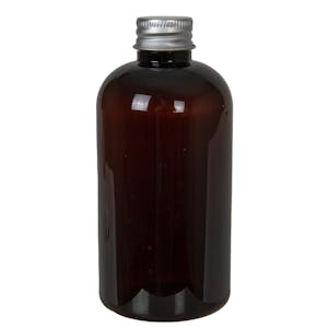 8 oz. Light Amber PET Squat Boston Round Bottle with 24/410 Brushed Silver Aluminum Cap with Foam Liner