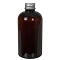 8 oz. Light Amber PET Squat Boston Round Bottle with 24/410 Brushed Silver Aluminum Cap with Foam Liner
