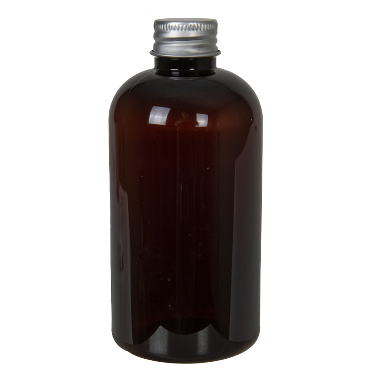8 oz. Light Amber PET Squat Boston Round Bottle with 24/410 Brushed Silver Aluminum Cap with Foam Liner