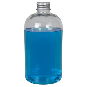12 oz. Clear PET Squat Boston Round Bottle with 24/410 Brushed Silver Aluminum Cap with Foam Liner