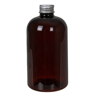 12 oz. Light Amber PET Squat Boston Round Bottle with 24/410 Brushed Silver Aluminum Cap with Foam Liner